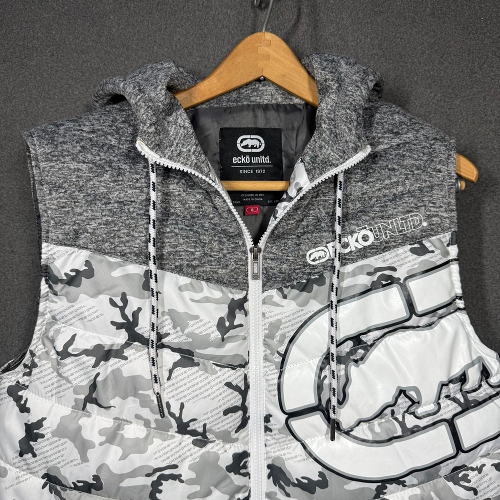 Ecko Unltd Mens Camo Puffer Vest Gray White Hooded Rhino Logo Size Small